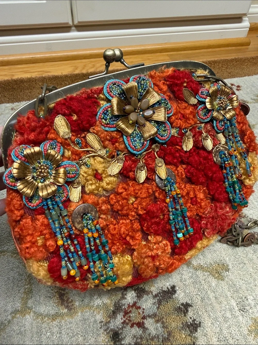 Mary Frances Embroidered Boho Beaded Clutch Handbag in Red & Orange